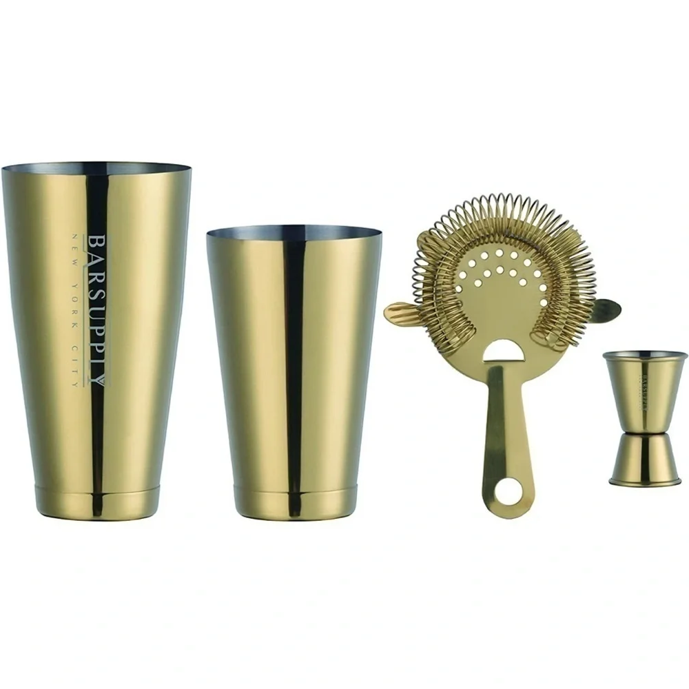 Brand New Professional Boston Cocktail Shaker Set 4-Piece Stainless Steel Gold